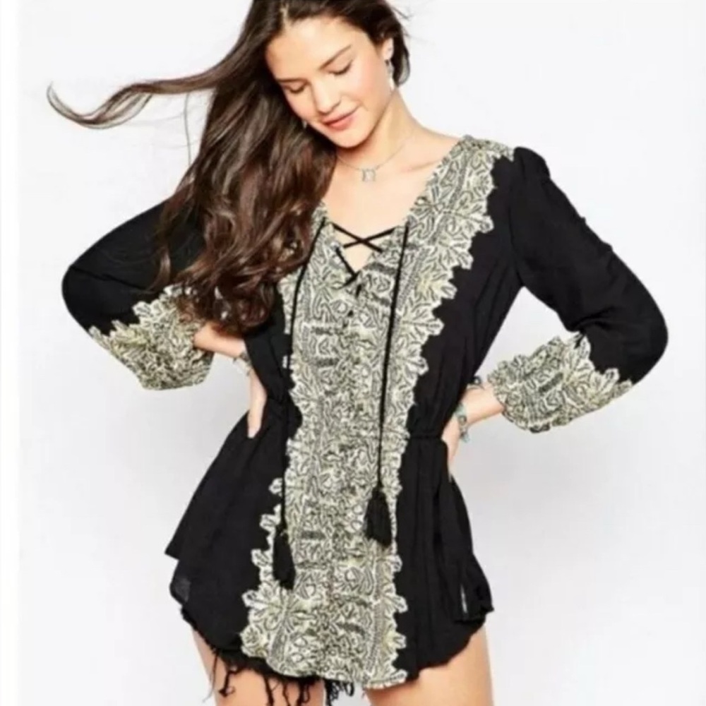 Free People Womens Wildest Moments Black/White/Green Bohemian Tunic SZ Small